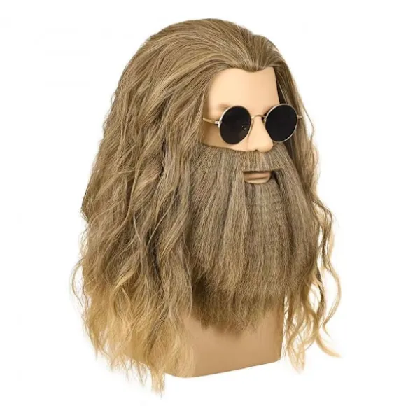 Paryk med skæg Mænds Lang Krøllet Askeblond Paryk Halloween Kostume Parykker