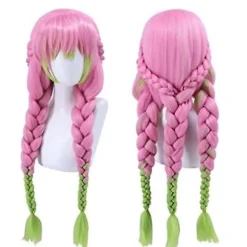 Paryk til Kanroji Mitsuri Cosplay til Demon Slayer Grønt og Lyserødt Langt Glat Hår Lyserød, CJY Pink Pink M