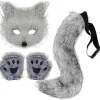 Pelsrævehale kat ulv cosplay kostumesæt plysmaske fluffy potehandsker Halloween jul_yux