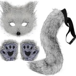 Pelsrævehale kat ulv cosplay kostumesæt plysmaske fluffy potehandsker Halloween jul_yux
