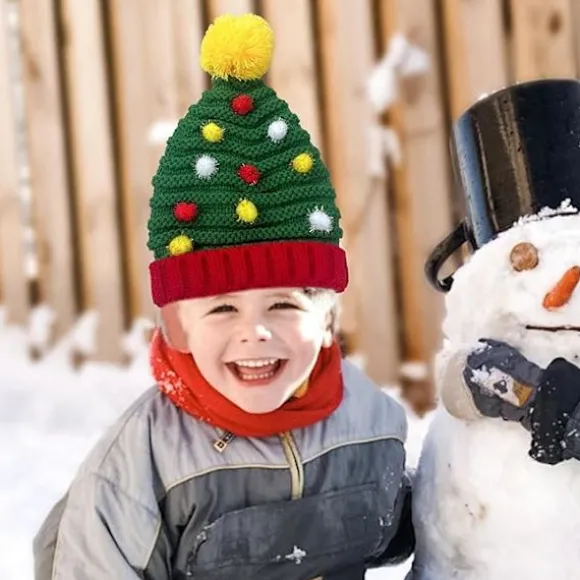 Pieces Juletræ Pom Pom Hat til Kvinder - Julehatte - Vinter Strikket Hæklet Hat - Jule Strikket Hat - Bedst til Rejser, Vandreture og Camping