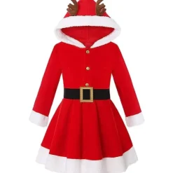 Piger Julekostume Fru Santa Claus Rød Velvet Hættetrøje Kjole 130cm