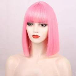 Pink Bob Parykker med Pandehår 35 cm Syntetisk Farverig Kort Glat