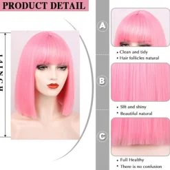 Pink Bob Parykker med Pandehår 35 cm Syntetisk Farverig Kort Glat