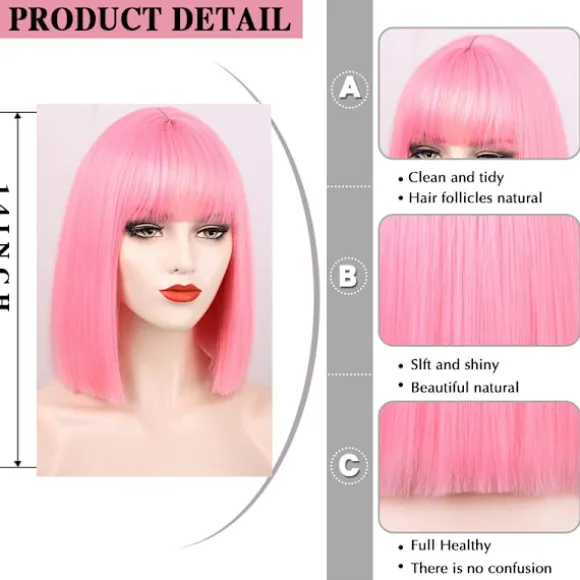 Pink Bob Parykker med Pandehår 35 cm Syntetisk Farverig Kort Glat