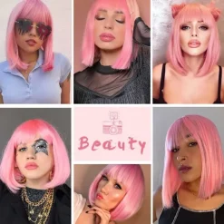 Pink Bob Parykker med Pandehår 35 cm Syntetisk Farverig Kort Glat