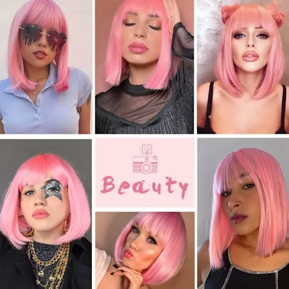 Pink Bob Parykker med Pandehår 35 cm Syntetisk Farverig Kort Glat