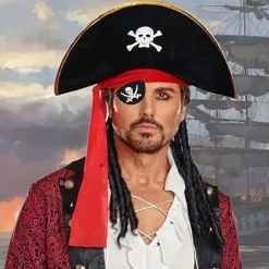 Pirat Tilbehør, Børne Voksen Pirathat, Kaptajn Kostumehat med Kranieprint og Klap for Øjet til Sjov Fest Caribisk Maskerade