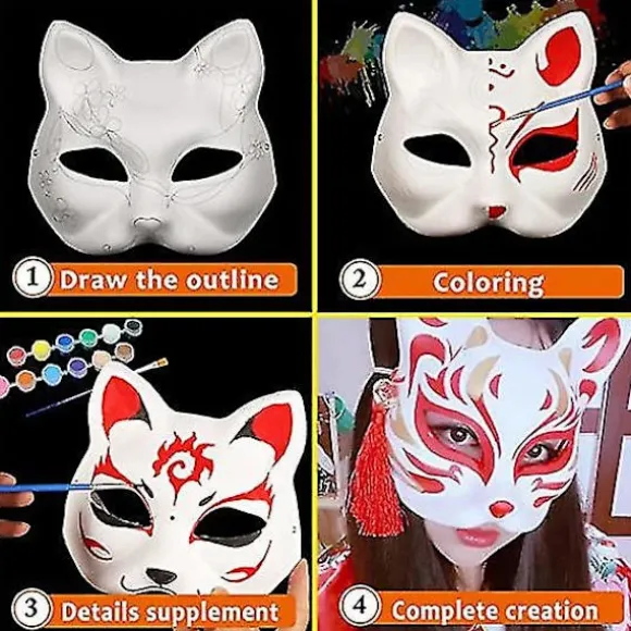 [PL】Hvid papirmaske katteansigt - 10 stykker, masse tom håndmalet maske, personligt design, egnet til Halloween udklædning cosplay