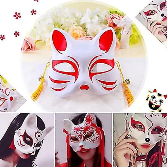 [PL】Hvid papirmaske katteansigt - 10 stykker, masse tom håndmalet maske, personligt design, egnet til Halloween udklædning cosplay