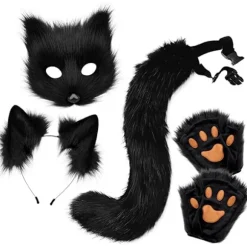 Plush maske med ræv hale og ører sæt, kat hale ræv kostume cosplay kostume med kat ører og pote handsker halloween cosplay black and white