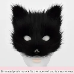 Plush maske med ræv hale og ører sæt, kat hale ræv kostume cosplay kostume med kat ører og pote handsker halloween cosplay black and white