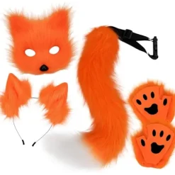 Plush maske med ræv hale og ører sæt, kat hale ræv kostume cosplay kostume med kat ører og pote handsker halloween cosplay orange