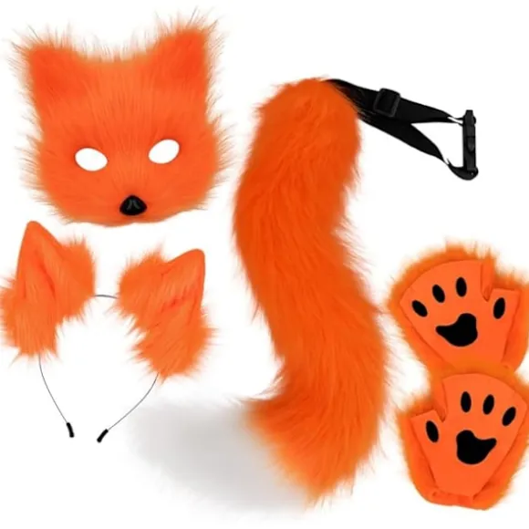 Plush maske med ræv hale og ører sæt, kat hale ræv kostume cosplay kostume med kat ører og pote handsker halloween cosplay orange
