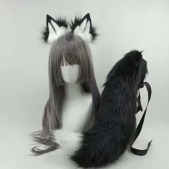 Plys Ulvehale og Hårbøjle til Cosplay Halloween Kostume til Kvinder Black and white wolf