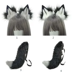 Plys Ulvehale og Hårbøjle til Cosplay Halloween Kostume til Kvinder Black and white wolf