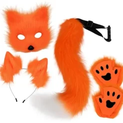 Plysmaske med rævehale og ører sæt, kattehale rævekostume cosplay kostume med katteører og potehandsker halloween cosplay orange orange