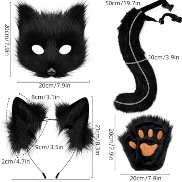 Plysmaske med rævehale og ører sæt, kattehale rævekostume cosplay kostume med katteører og potehandsker halloween cosplay orange orange