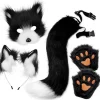 Plysmaske med rævehale og øresæt, kattehale rævekostume cosplay kostume med katteører og potehandsker halloween cosplay sort og hvid[pl]