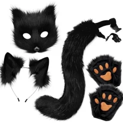 Plysmaske med rævehale og ører sæt, kattehale rævekostume cosplay kostume med katteører og potehandsker halloween cosplay sort og v_tfrf black and white | Fyndiq