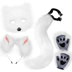 Plysmaske med rævehale og øresæt, kattehale rævekostume cosplay kostume med katteører og potehandsker halloween cosplay—max white