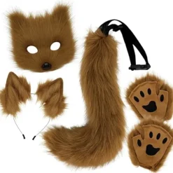 Plysmaske med rævehale og ører sæt, kattehale rævekostume cosplay kostume med katteører og potehandsker halloween cosplay brun Høj kvalitet brown