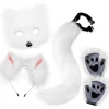 Plysmaske med rævehale og ører sæt, kattehale rævekostume cosplay kostume med katteører og potehandsker halloween cosplay hvid hvid