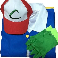 Pokémon Anime Trainer Kostume Drenge Ash Ketchum Voksen Cosplay Til Piger Halloween Blå Jakke Kasket og Handsker Sæt Yz M