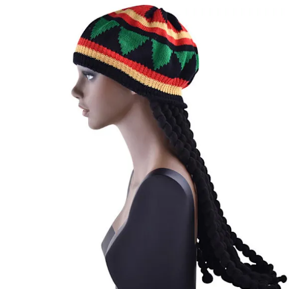 Rasta Dreadlock Hat med Fletninger - Jamaicansk Reggae Kasket - Cosplay Dreadlocks Hue til Halloween Kostume