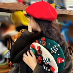 Rød Beret til Jul, en Trendy og Alsidig Fotografhat, Tredimensionel Juletræs Dekorativ Festlig Hat, der Giver Dig en [DB] Red