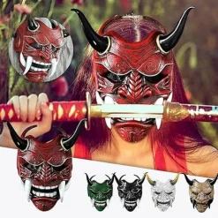 Rød Grå Japansk Samurai Maske Hannya Oni Samurai Latex Maske, Halloween Dæmon Kostume Maske, Samurai Cosplay Maske j