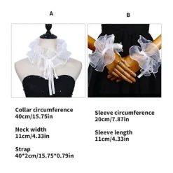 Renaissance Klovn Falsk Krave Hvid Organza Flæse Halsmanchet og Falske Ærmemanchetter til Maskerader og Udklædningsarrangementer Sleeve cover