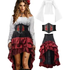 Renaissance Pirat Kostumesæt til Kvinder - Off - Shoulder Klokke - Ærme Skjorte, Flæse Høj - Lav Nederdel, Korset Taljebælte til Hallowe White+red S | Fyndiq