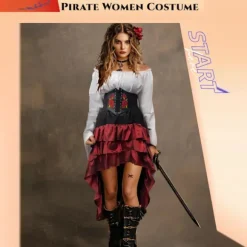 Renaissance Pirat Kostumesæt til Kvinder - Off - Shoulder Klokke - Ærme Skjorte, Flæse Høj - Lav Nederdel, Korset Taljebælte til Hallowe White+red S | Fyndiq
