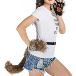 Rion Faux Pels Ræv Hale Kat Ulv Cosplay Kostume Sæt Plys Maske Fluffy Pote Handsker Halloween Jul White