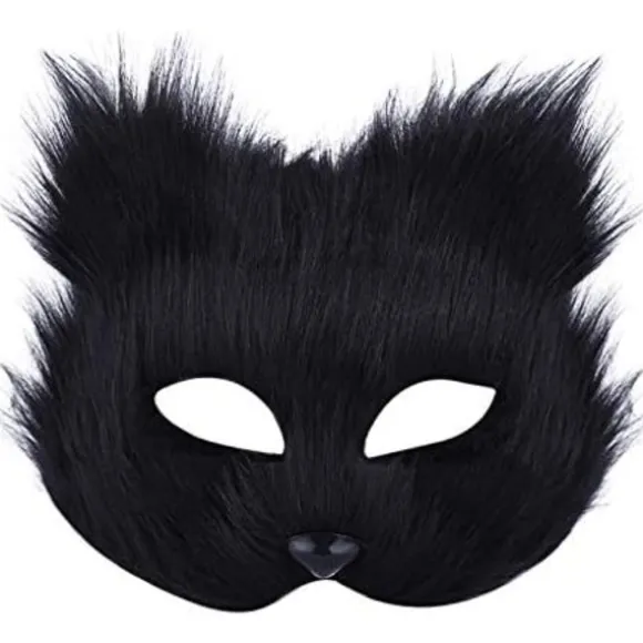 Rævemaske Halloween Cosplay Maske Halvt Ansigt Slør Øjenmaske Lodden Ræve Kostume Tilbehør Dyrefest Kattemasker Black