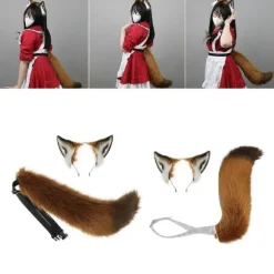 Ræveører og hale sæt, lodne ræveøre pandebånd med hale Halloween Cosplay fest rævekostume tilbehør til børn-voksne Buckle
