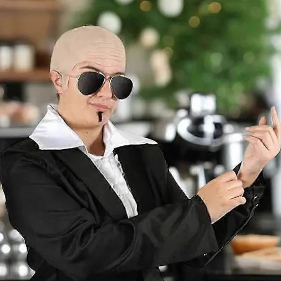 RY*Mr Worldwide Skaldet Hætte & Solbriller Sæt, Kendisikon Udklædning Pitbull Kostume Tilbehør Sæt, 3 stk, A