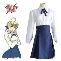 Saber Kostume Cosplay Fate Stay Night Kostume Top og Nederdel Japansk Anime Halloween Hvidt og Blåt Kostume (XL)