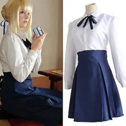 Saber Kostume Cosplay Fate Stay Night Kostume Top og Nederdel Japansk Anime Halloween Hvidt og Blåt Kostume (XL)