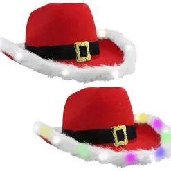Santa Cowboy Hat med Hvid Kant og Fjer Trim Western Julehat Ferie