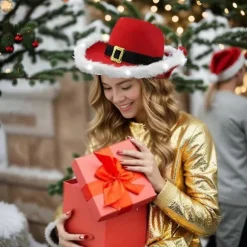 Santa Cowboy Hat med Hvid Kant og Fjer Trim Western Julehat Ferie