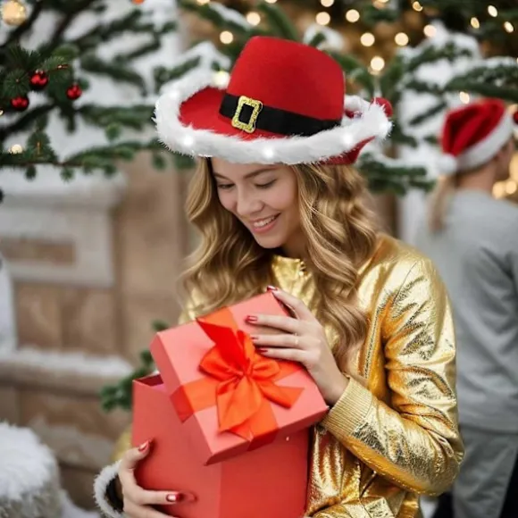 Santa Cowboy Hat med Hvid Kant og Fjer Trim Western Julehat Ferie