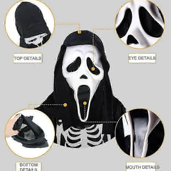 Scream Maske Med Sort Hætte Spøgelse Ansigt Halloween Udklædningstilbehør
