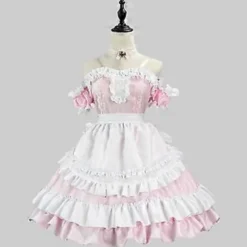 Sød Lolita Kjole til Kvinder Viktoriansk Ærmeløs Blonde Lag Maid Kjoler Halloween Cosplay Kostumer (XL)