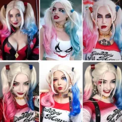 Shengruili Harley Quinn Paryk Kvinde Lang Cosplay Paryk Skurk Quinn Paryk Cosplay Paryk Blond Blå Pink Karneval Halloween Karnevalsfester[GPA]