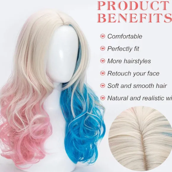 Shengruili Harley Quinn Paryk Kvinde Lang Cosplay Paryk Skurk Quinn Paryk Cosplay Paryk Blond Blå Pink Karneval Halloween Karnevalsfester-FS-