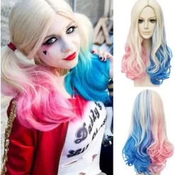 Shengruili Harley Quinn Paryk Kvinde Lang Cosplay Paryk Skurk Quinn Paryk Cosplay Paryk Blond Blå Pink Karneval Halloween Karnevalsfester-FM-