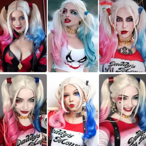Shengruili Harley Quinn Paryk Kvinde Lang Cosplay Paryk Skurk Quinn Paryk Cosplay Paryk Blond Blå Pink Karneval Halloween Karnevalsfester