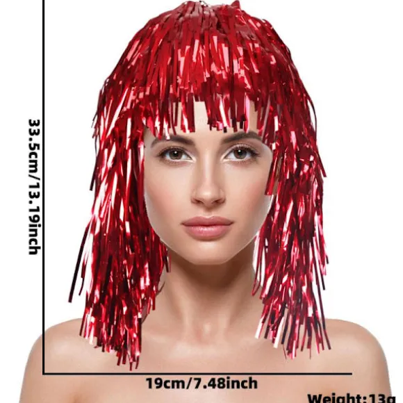 Skinnende Lametta Paryk Metallisk Maskerade Disco Hat Folie Lametta Parykker Red